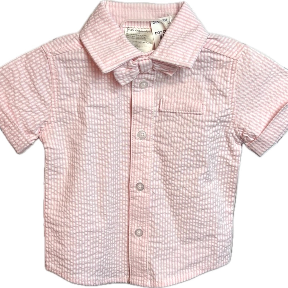 Macyโs First Impressions Pink Seersucker Striped Baby Boy Shirt Matching Bow Tie